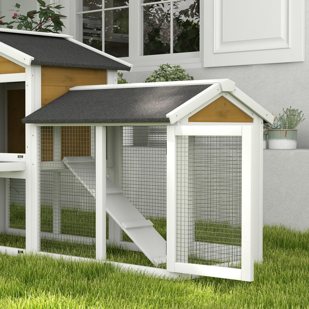 PawHut 58" Rabbit Hutch, Wooden Bunny Hutch, Guinea Pig Cage, Small Animal Enclosure with Run Area, Removable Tray, Asphalt Roof, Lockable Doors and Ramp, Nature Wood PawHut