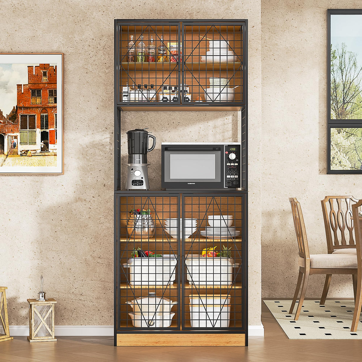 VECELO 72in Tall Kitchen Pantry Cabinet with Doors and Shelves, Large Freestanding Storage Cupboard with Countertop Hutch, Oak VECELO