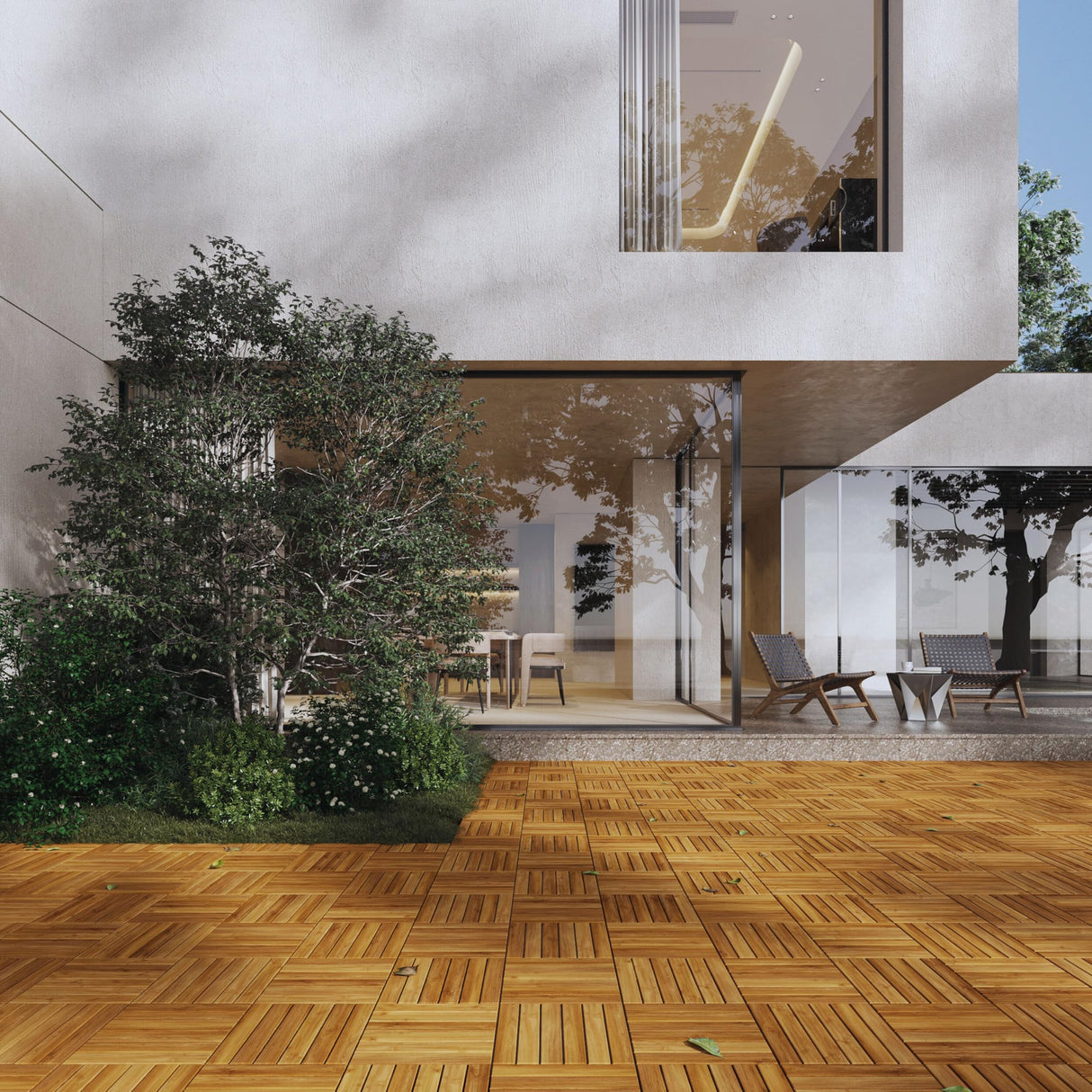 9 PCS Interlocking Deck Tiles 12" x 12" - Premium Acacia Wood Patio Tiles Waterproof - Deck Tiles Interlocking All Weather Waterproof Flooring - Easy Installation for Indoor & Outdoor (Golden Steak) J CLOVER
