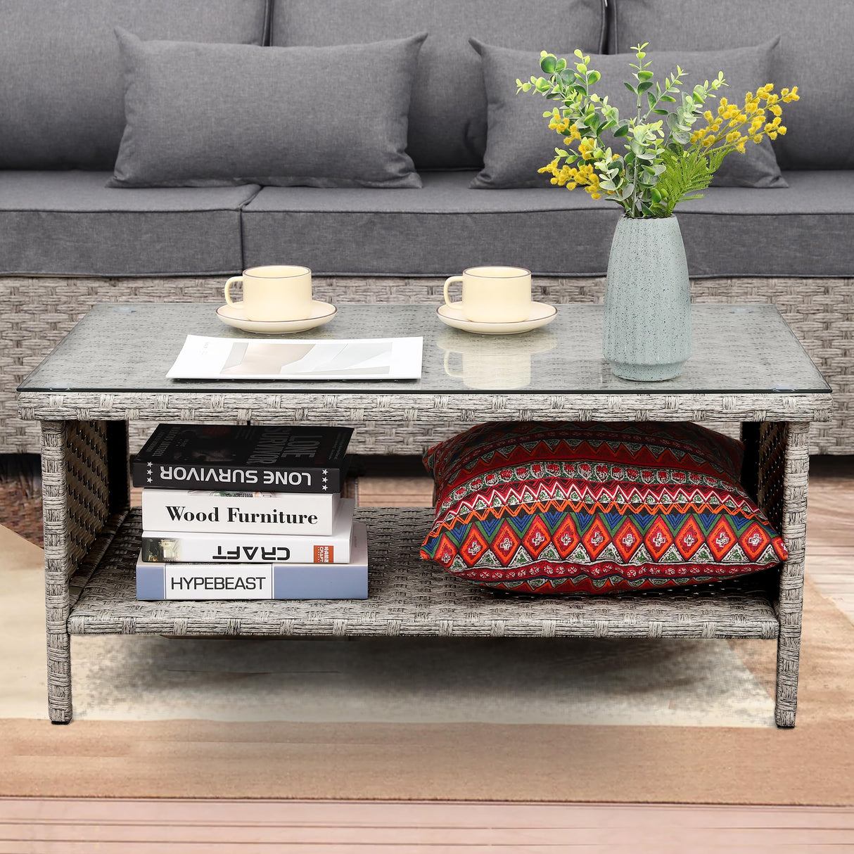 WAROOM Outdoor PE Wicker Coffee Table - Patio Rattan Garden Side End Tea Table with Glass Top Furniture, Grey WAROOM