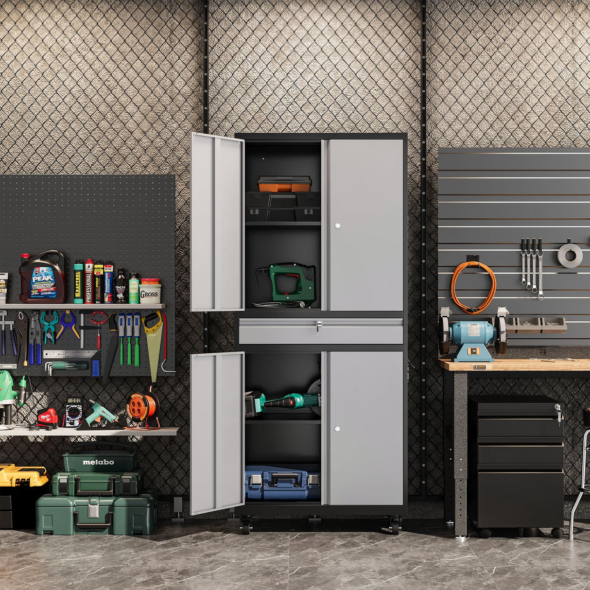 Anxxsu Metal Garage Storage Cabinet with Wheels, 73" Lockable Storage Cabinet with 2 Adjustable Shelves and 1 Drawer for Garage, Utility Room, Warehouse (Black Grey) Anxxsu