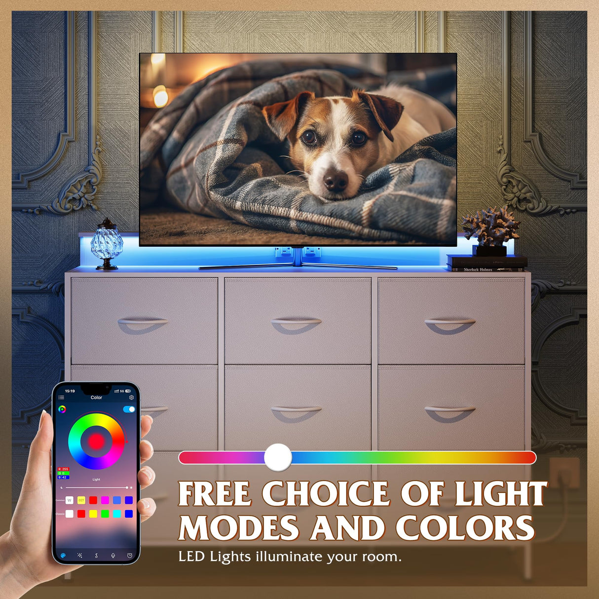 WLIVE Dresser TV Stand for 55 inch, Led Dresser for Bedroom, White Dresser for Bedroom with LED Lights and Charging Station, Chest of Drawers, 9 Fabric Dresser Drawers, Wood Top, Living Room, Closet WLIVE