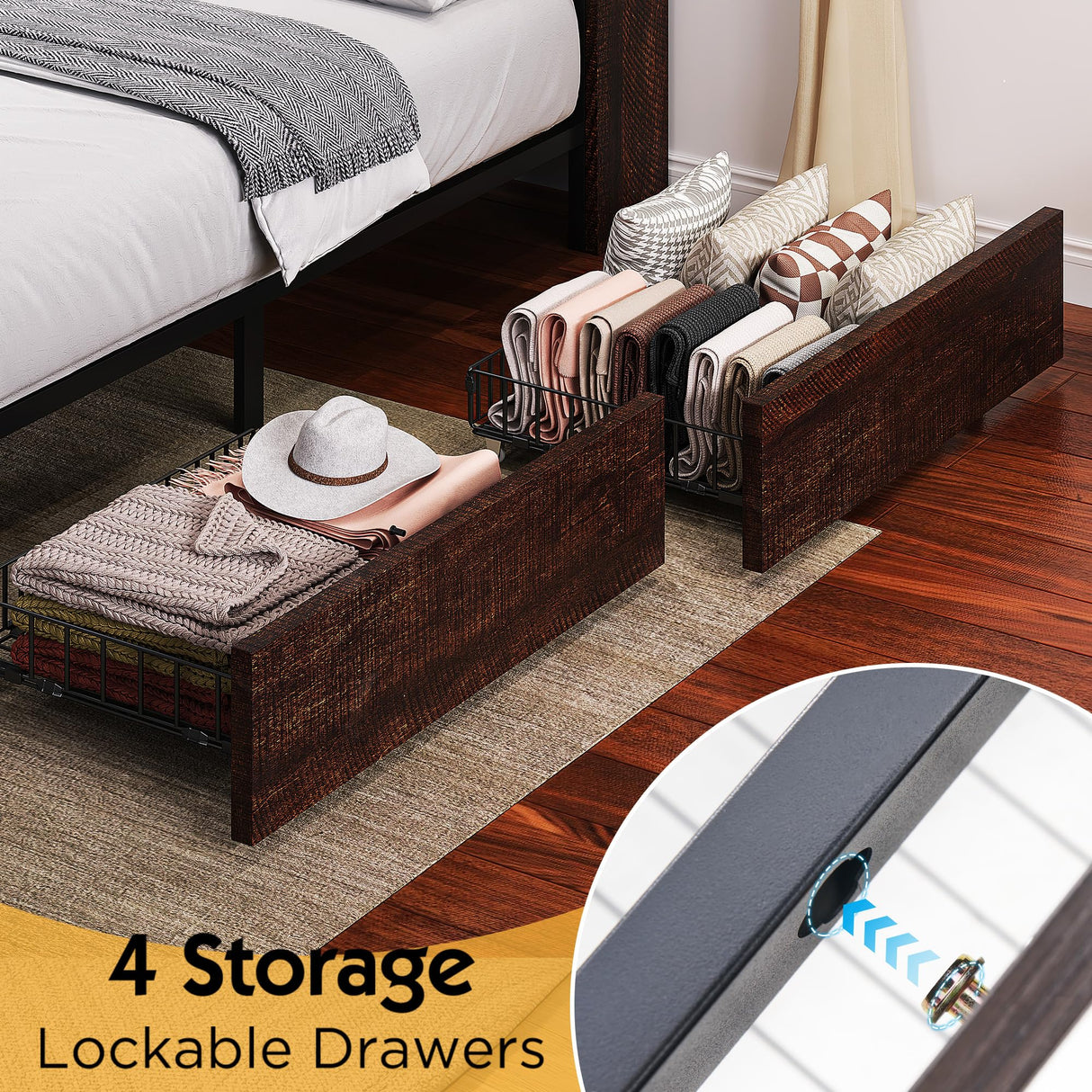 LUXOAK Twin Farmhouse Bed Frame with Bookcase Headboard and 4 Drawers, LED Storage Bed with Charging Station & Linen Upholstered, No Box Spring Needed, Reclaimed Barnwood LUXOAK