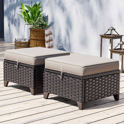 MaxMulti Patio Ottomans Set of 2, Outdoor Wicker Footrest with Thickened Cushions, Outdoor Rattan Ottoman for Porch, Backyard and Deck (Beige)