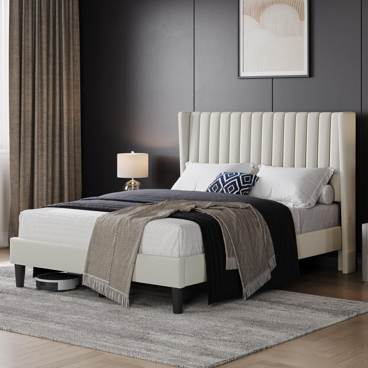 Yaheetech Full Bed Frame Upholstered Platform Bed with Fabric Headboard, Wing Edge Design/Non-Slip and Noise-Free/Wooden Slats Support/No Box Spring Needed/Easy Assembly, Beige Full Bed Yaheetech