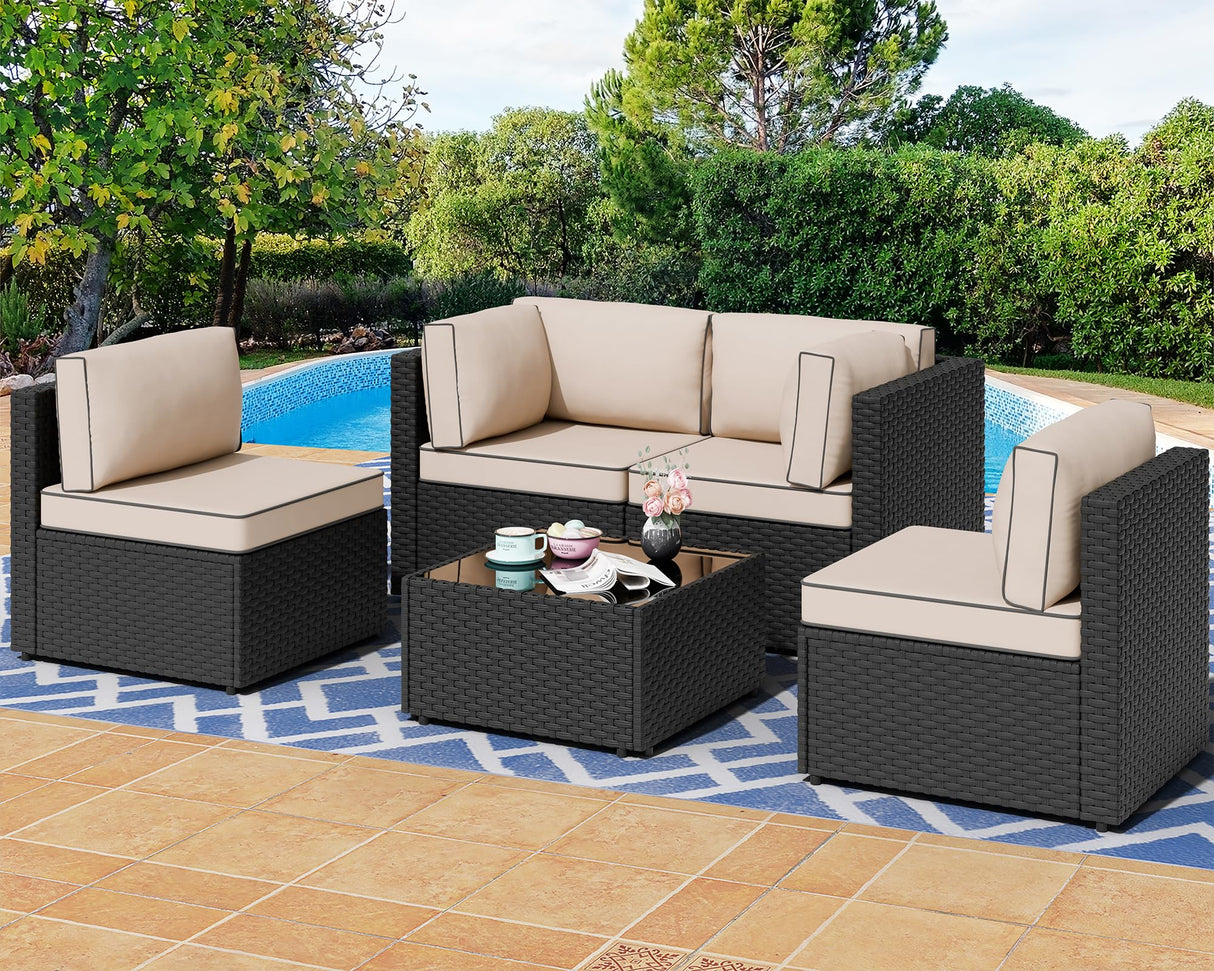 Shintenchi 5 Pieces Outdoor Patio Sectional Sofa Couch, Black PE Wicker Furniture Sets, Patio Conversation Sets with Washable Cushions Glass Coffee Table for Garden, Poolside, Backyard,(Khaki) Shintenchi