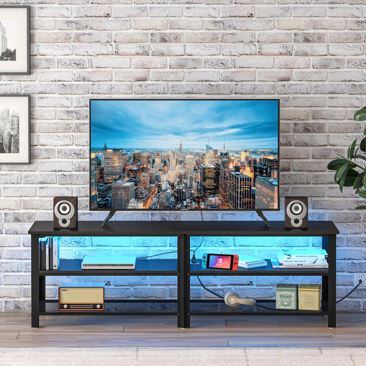 Clikuutory Modern Black 63 inch Metal TV Stand with LED Lights and Power Outlets for 40 50 55 60 65 70 Inch TVs, 3 Tier Television Stands with Entertainment Center and Storage for Living Room, Bedroom Clikuutory