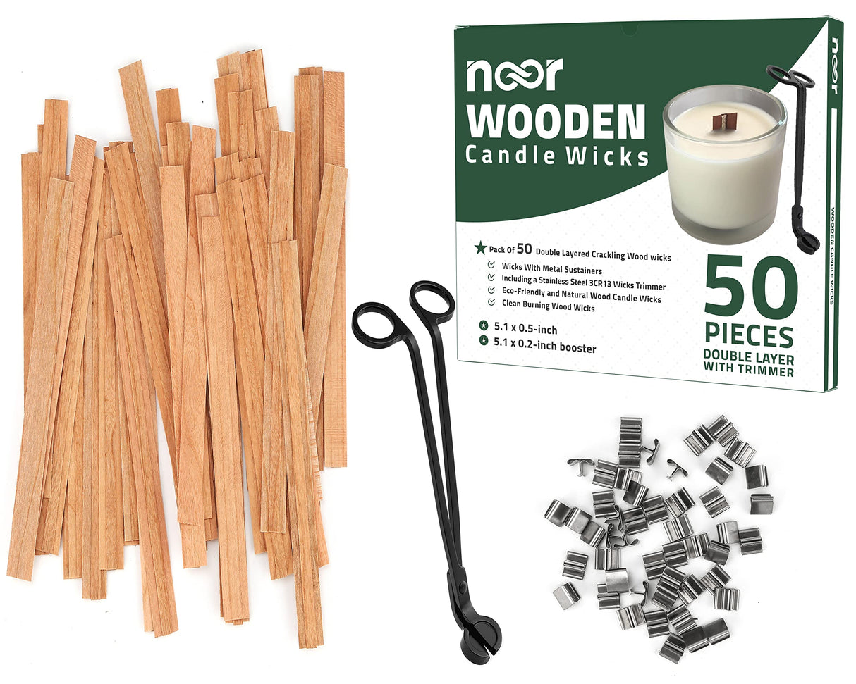 NOOR 50 Pieces Smokeless Wooden Wicks with Trimmer for Candle Making and 5.1 X 0.2 inch Booster - 5.1 X 0.5 inch Crackling Wood Wick for DIY Candles with 50pcs Metal Clips NOOR
