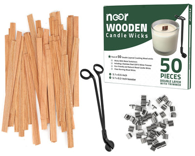 NOOR 50 Pieces Smokeless Wooden Wicks with Trimmer for Candle Making and 5.1 X 0.2 inch Booster - 5.1 X 0.5 inch Crackling Wood Wick for DIY Candles with 50pcs Metal Clips