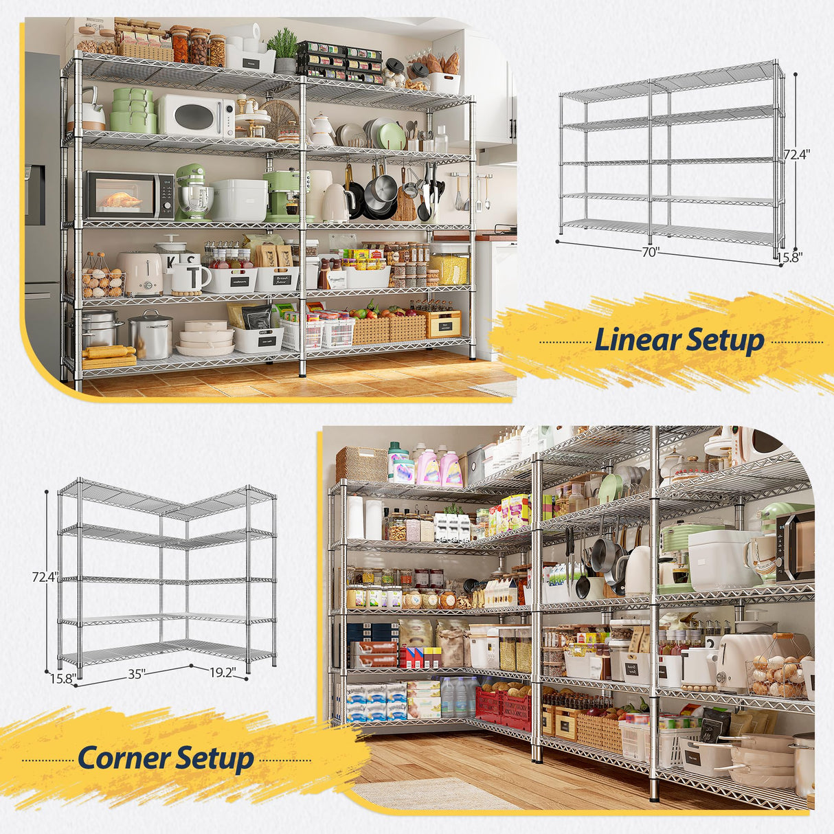 REIBII 70" W Wire Shelving Load 1500LBS, Metal Shelving 5-Tier Storage Shelves Metal Shelves for Storage Adjustable Shelving Rack for Pantry Kitchen Commercial School 70" W*15.8" D*72.4" H,Chrome REIBII