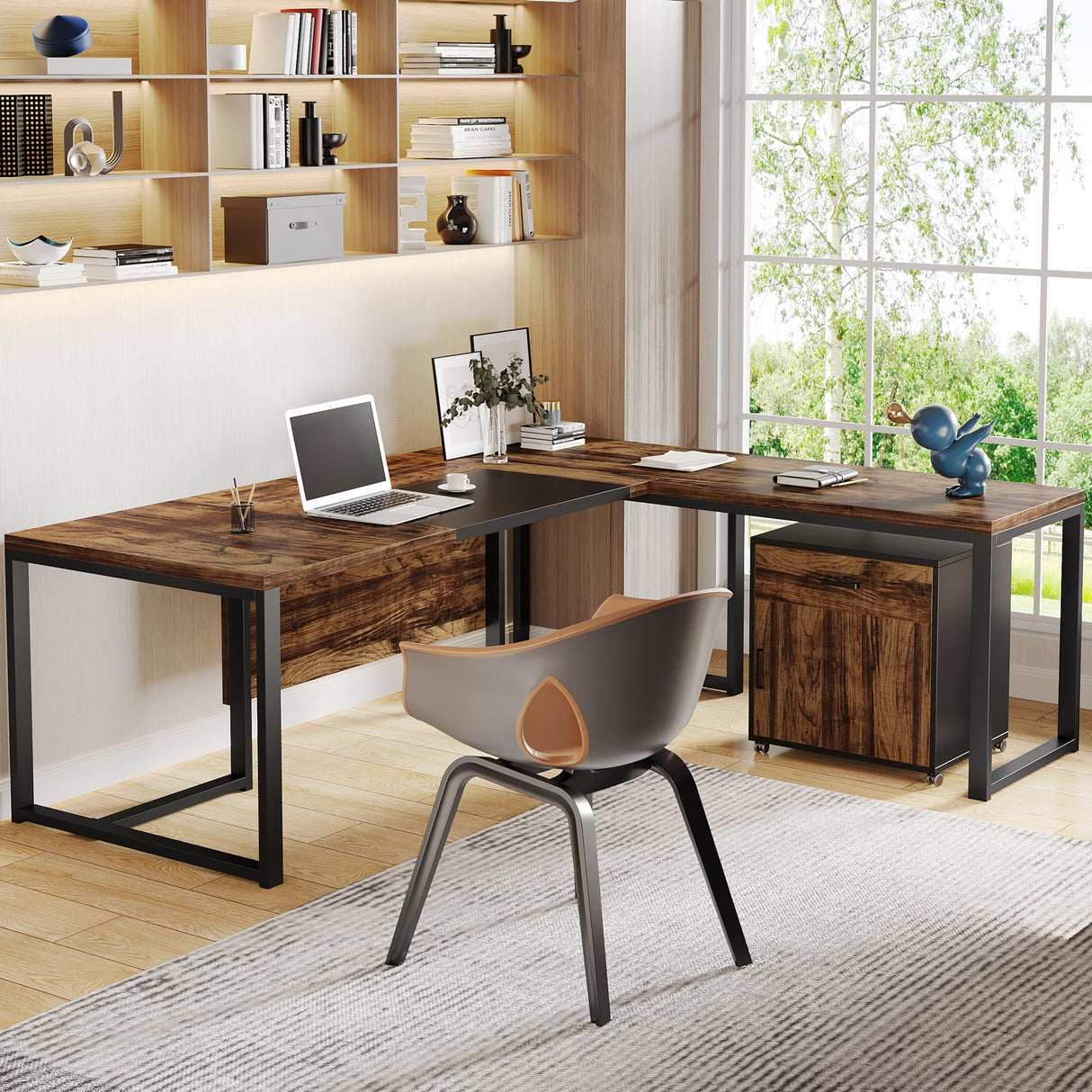 Tribesigns 70.8" L-Shaped Executive Desk with Drawer Cabinet, Large Executive Office Desk with Separate File Cabinet, Home Office Desk Workstation Business Furniture Set, Rustic Brown Tribesigns