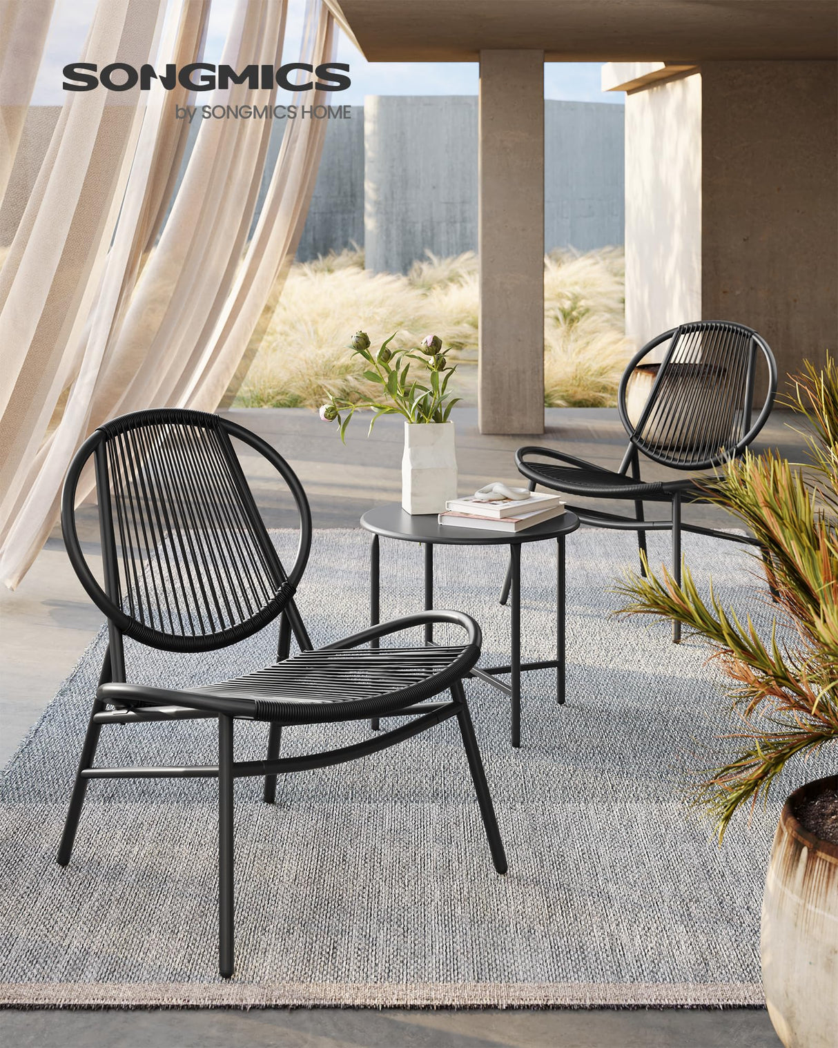 SONGMICS Patio Furniture Set 3 Pieces, Garden Bistro Set, Acapulco Chairs, Outdoor Seating, Side Table and 2 Chairs, Indoor and Outdoor Conversation Set, Balcony Porch, Ink Black UGGF021B01 SONGMICS