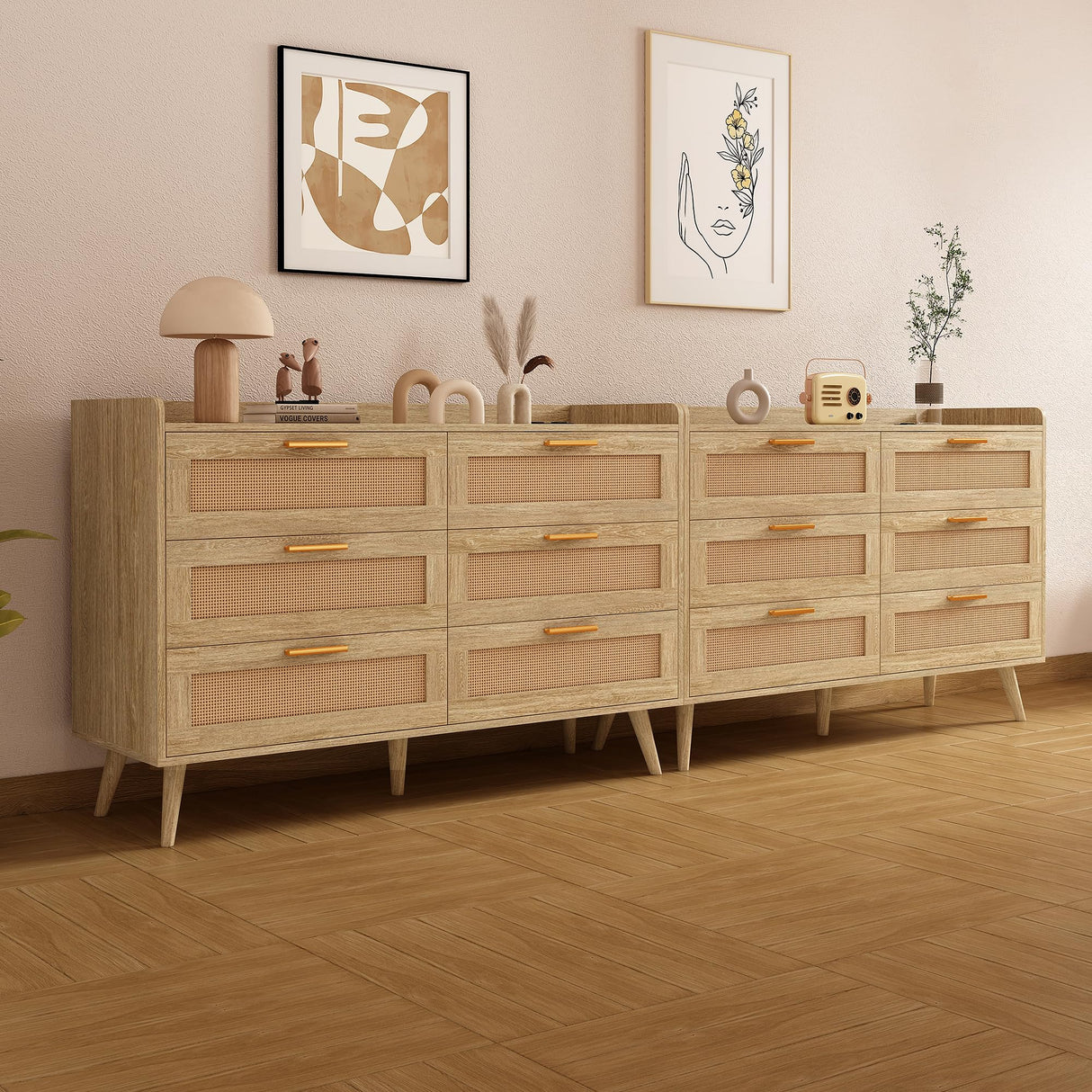 FUSOU 6 Drawer Dresser for Bedroom, Rattan Modern Dresser with Power Outlet, Wide Desktop Chest of Drawers Anti-tip, Oak Wood Storage Closet Dressers for TV, Living Room, Hallway, Entryway, Oak FUSOU