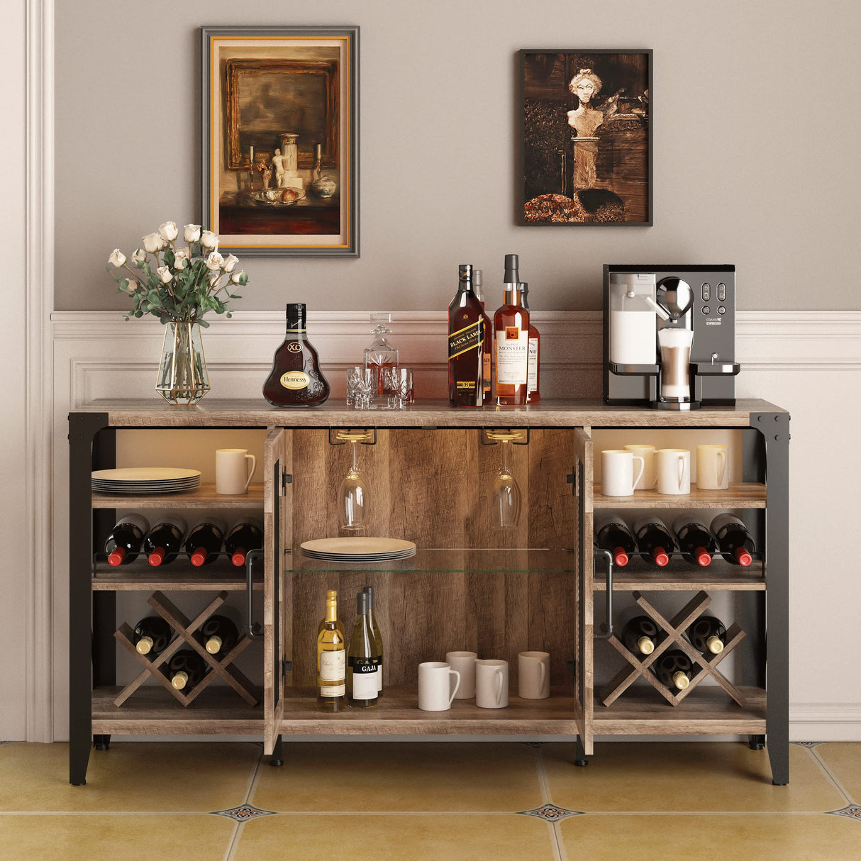 Vabches Rustic Oak Wine Bar Cabinet with LED Lights and Removable Racks for Home Living Room and Dining Room Vabches