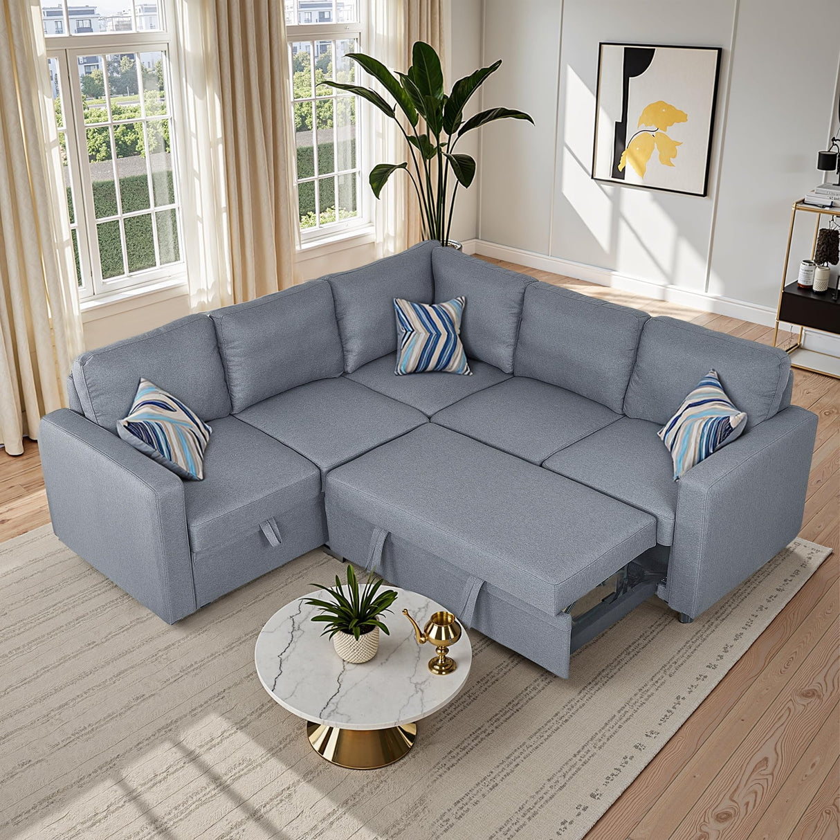 Trygoal 81 Inch Pull Out Sleeper Sofa, Sectional Couches for Living Room, 5-Seater Pull Out Couch with Storage, Convertible Sofa Bed for Small Space, Guest Room, Apartment, Gray Trygoal