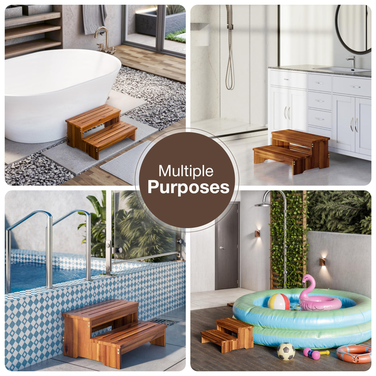 TINAMO 25" Long Step Stool for Adult & Kid - Wooden Two Step Stool 500 Lbs - Riser 2-Step Spa & Hot Tub Stairs for Pool - Heavy Duty 2 Step Stools for Bed, Kitchen, Indoor/Outdoor (Acacia Wood) Tinamo