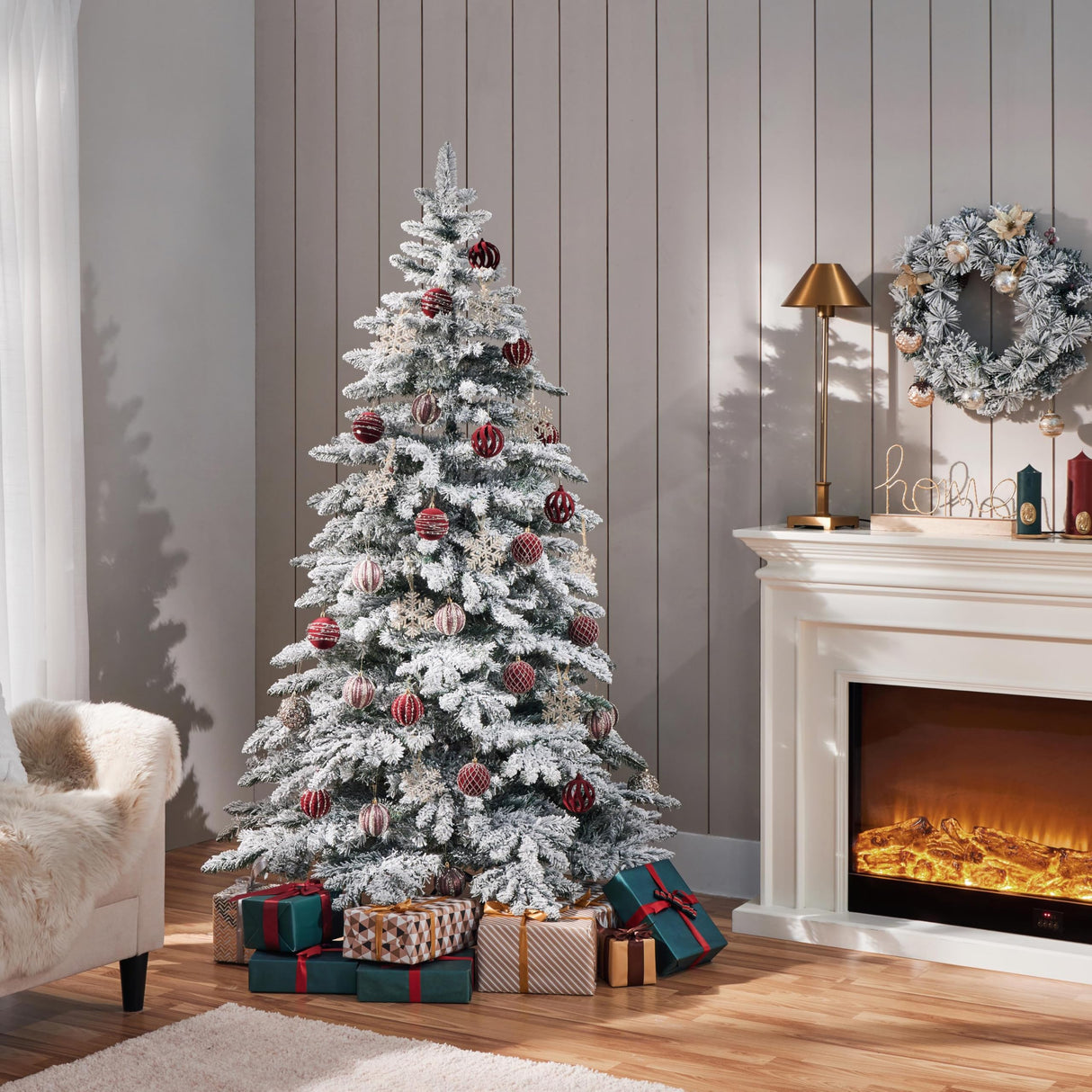 Yaheetech 6ft Pre-Lit Artificial Christmas Tree with 400 Warm White LED Lights & 940 PVC Tips,Hinged Snow Flocked Xmas Tree with Foldable Stand & Protective Sheet,Green & White Yaheetech