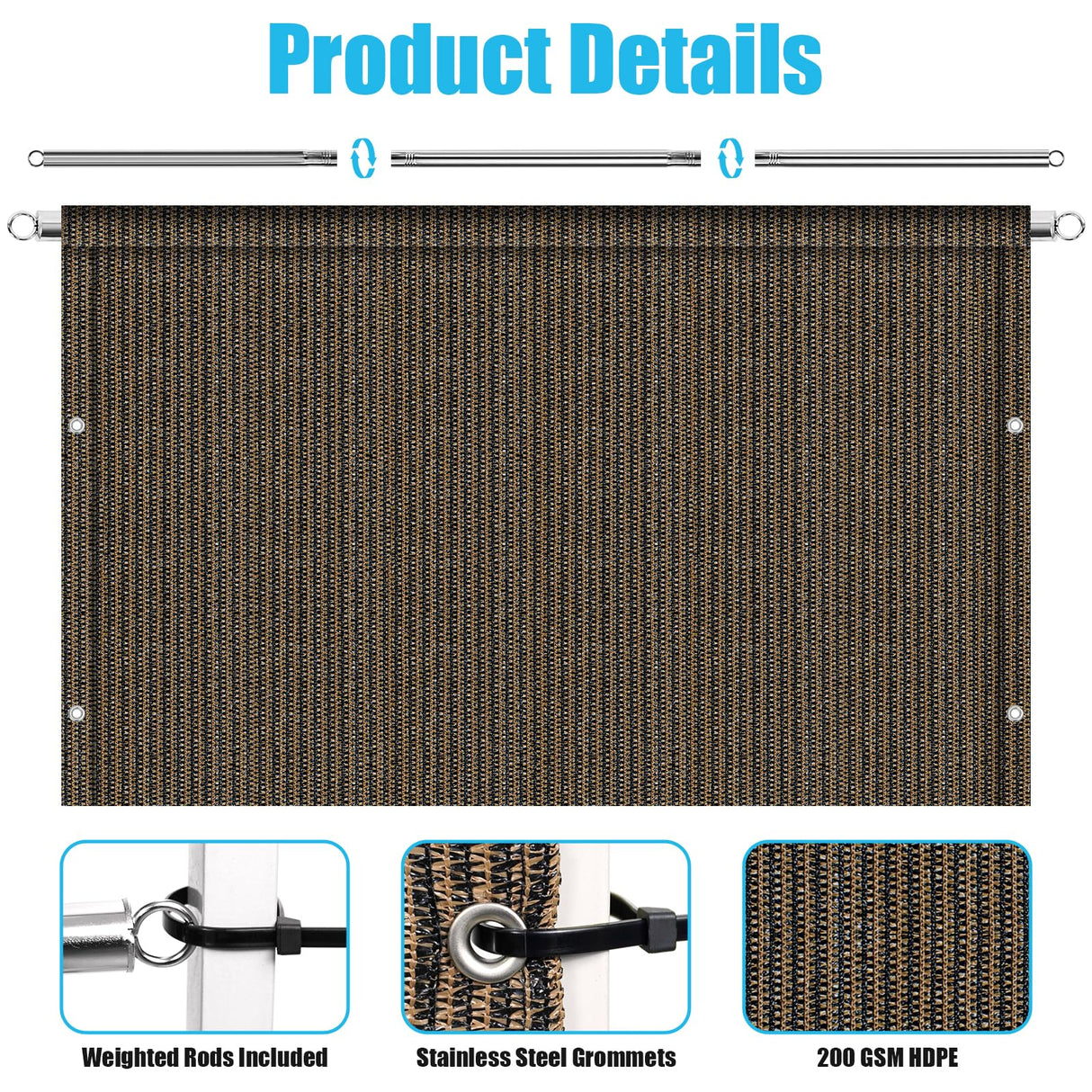 Amagenix 8' W x 12' L Mocha Pergola Sun Shade Canopy Replacement Cover, Privacy Screen with Grommets and Stainless Steel Weighted Rods for Outdoor Patio Amagenix