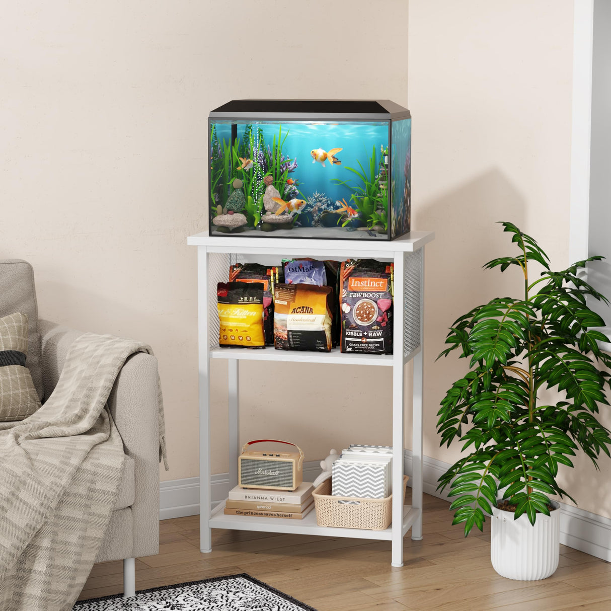 BSONE 5-10 Gallon Fish Tank Stand, Small Aquarium Stand Shelf, 0.71" Thickened Tabletop, 20.5" Wx11 Dx31 H, White BSONE