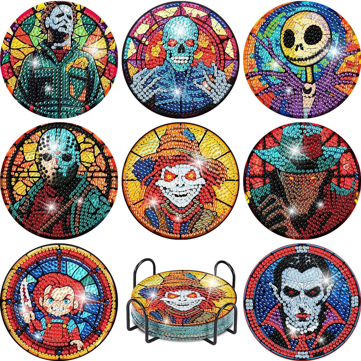 MBNTJHT 8 Pcs Halloween Diamond Art Coasters Kits with Cork Base, Horror Movie Diamond Painting Coasters with Holder, DIY Drink Coaster Art Crafts Supplies for Home Decor 4X4 Inch. MBNTJHT