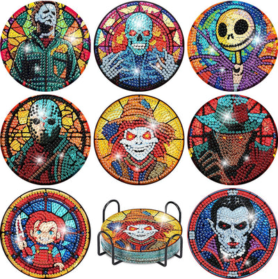 MBNTJHT 8 Pcs Halloween Diamond Art Coasters Kits with Cork Base, Horror Movie Diamond Painting Coasters with Holder, DIY Drink Coaster Art Crafts Supplies for Home Decor 4X4 Inch.