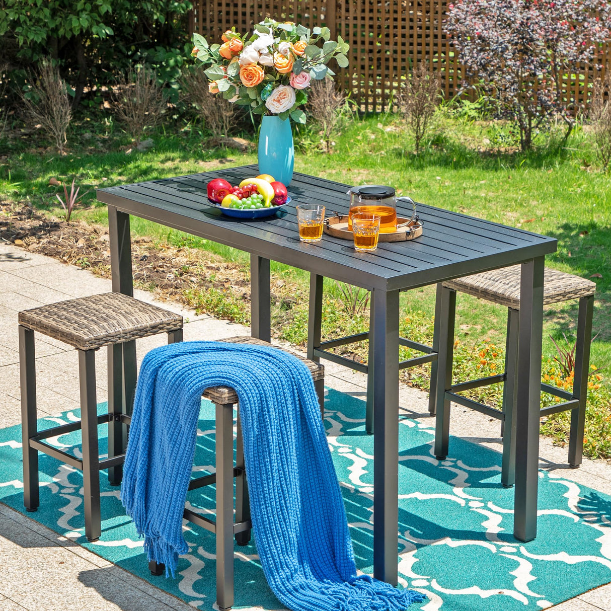 Sophia & William 37" Tall Patio Outdoor Bar Table, Metal Counter Height Dining Table with Wood Grain Tabletop, Adjustable Feet Mats, Rectangular Bistro Table with E-Coating for Porch Yard Lawn Sophia & William