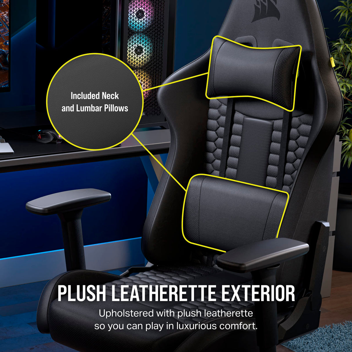 Corsair TC100 Relaxed Gaming Chair - Leatherette - Racing-Inspired Design - Lumbar Pillow - Detachable Memory Foam Neck Pillow - Adjustable Seat Height - Adjustable Armrests - Black Corsair