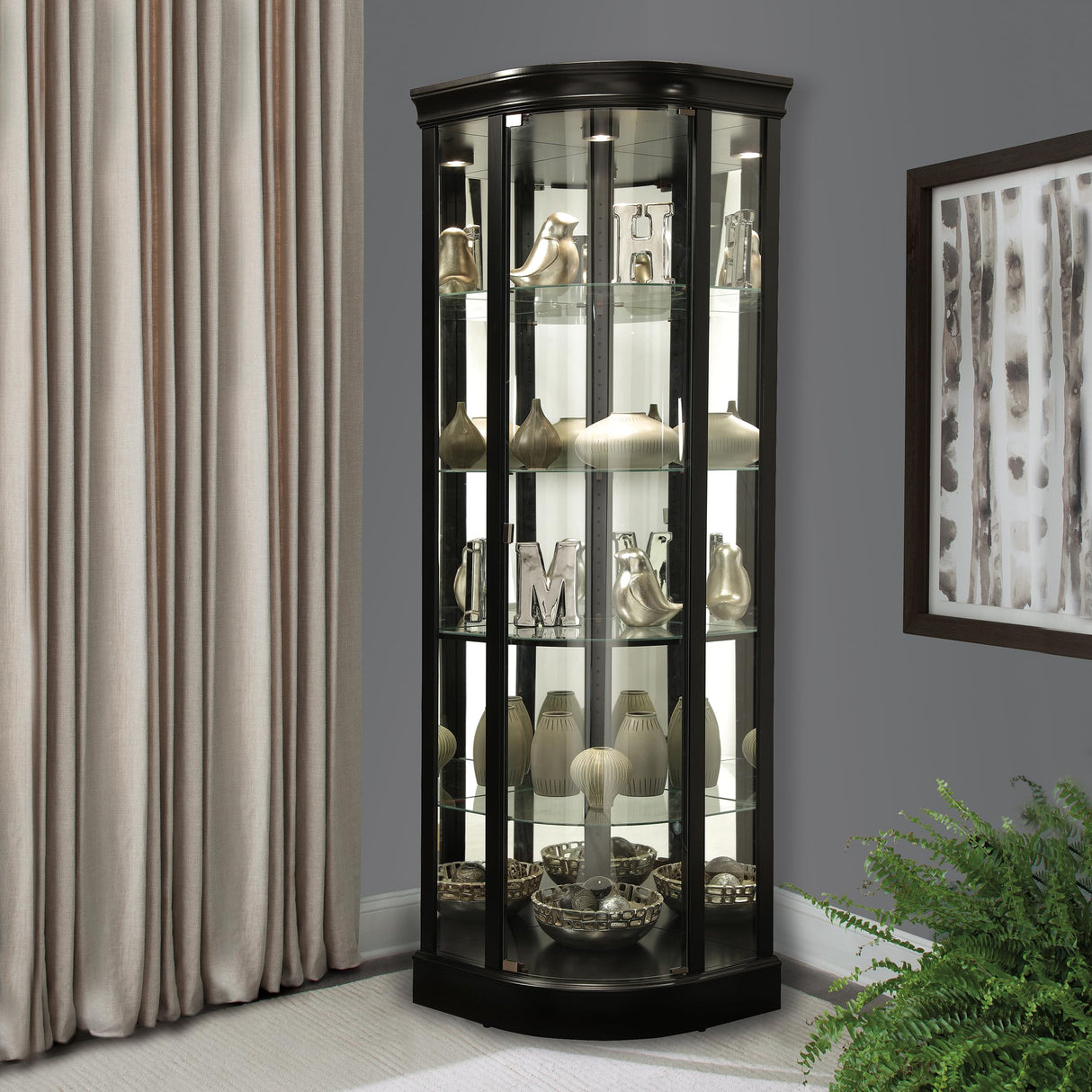 Howard Miller Marlowe II Corner Curio Cabinet, Long Heighted Showcase Black Finish Adjustable Shelves & Levelers, Illuminated Interior Lightning Perfect for Living Room Office and Room Decor Howard Miller