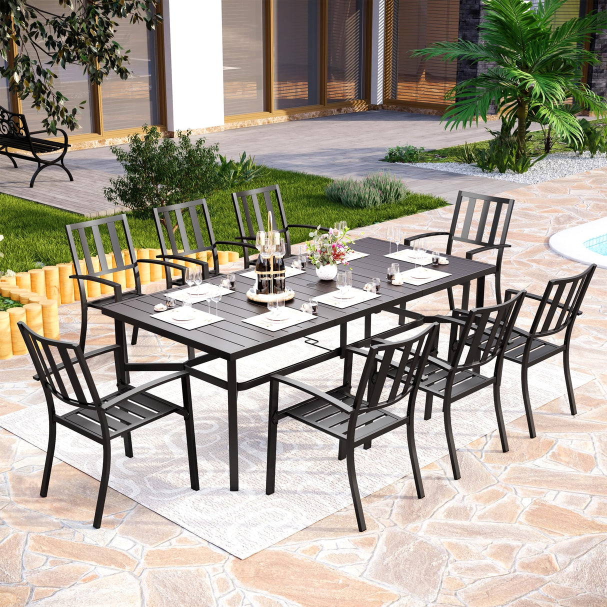 PHI VILLA 9 Pieces Outdoor Dining Set for 8, Large Rectangular Metal Table with Umbrella Hole & Stackable Wrought Iron Chairs, Dining Furniture for Patio, Deck, Yard, Porch PHI VILLA