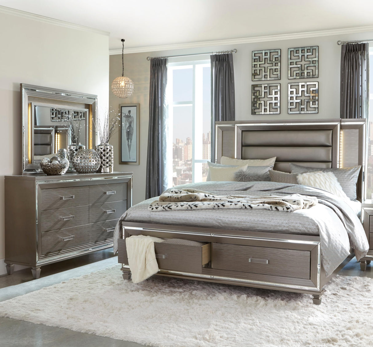 3pc LED Light Bedroom Set Queen Size Platform Bed Upholstered Headboard Silver Gray Finish Wooden Furniture Generic