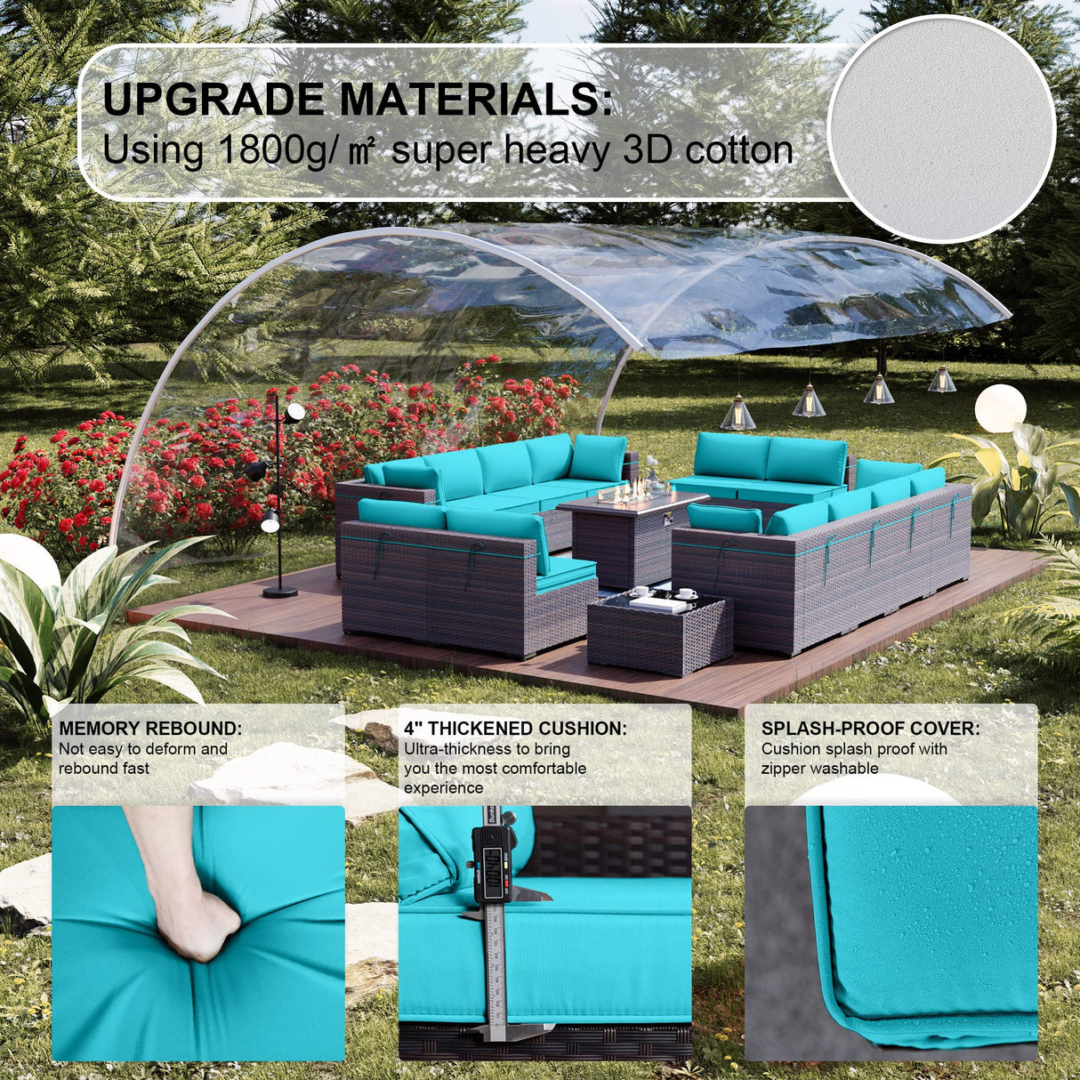 Kullavik 15 Pieces Outdoor Patio Furniture Set with 43" Gas Propane Fire Pit Table PE Wicker Rattan Sectional Sofa Patio Conversation Sets,Blue Cushions Kullavik