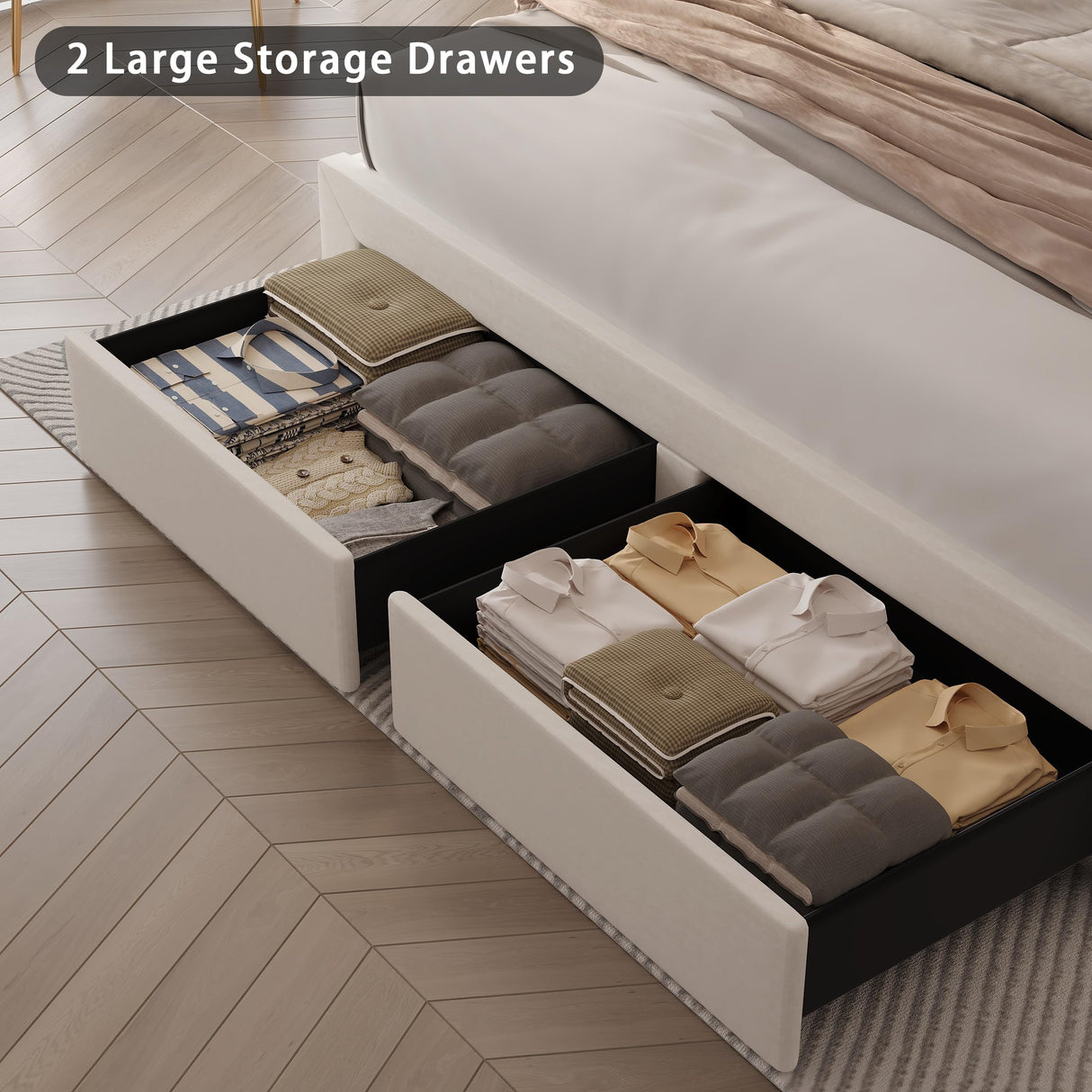 Fastroby Queen Size Bed Frame with Adjustable Headboard and 2 Storage Drawers, Upholstered Bed Frame Queen with RGB LED Light and Charging Station, Easy Assembly, No Box Spring Needed, Off White Fastroby