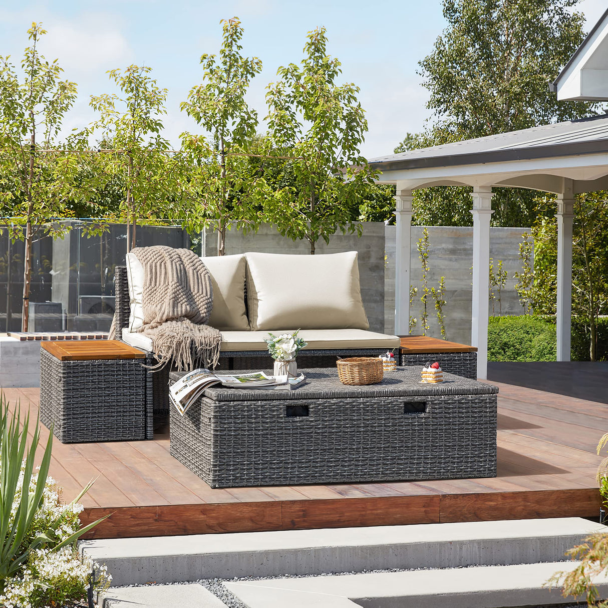 Devoko Outdoor Daybed Set Multifunctional Patio Day Bed Rattan Lounge Bed with 2 Side Tables for Backyard Porch Poolside Lawn Beach (Beige White) Devoko