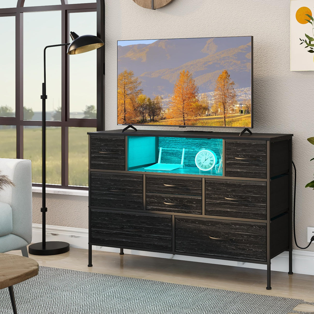 Simoretus Wide Dresser with Charging Station and LED Light for Bedroom 8 Fabric Drawers Chest of Drawers with Power Outlet Storage Open Shelf for Living Room TV Stand Closet Hallway (Charcoal Black) Simoretus