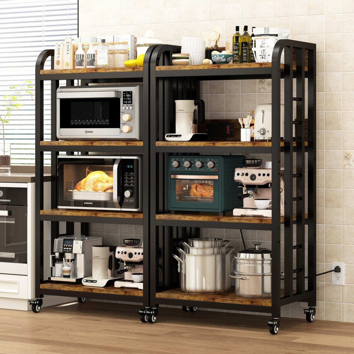 4-Tier Kitchen Bakers Rack with Power Outlet and Rolling Wheels, Microwave Stand with Storage, Adjustable Kitchen Shelves Freestadning, Coffee Bar Station, Bakers Rack for Spices, Pots and Pans, Brown BINGO CHERRY