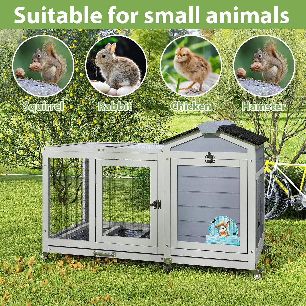 COZIWOW 39inches Fashion Wood Rabbit Hutch Indoor,Wide Space Small Animal Houses Habitats with Removable Tray&Safety Lock,Bunny Cage with Waterproof Roof&Solar Panels (Grey) COZIWOW