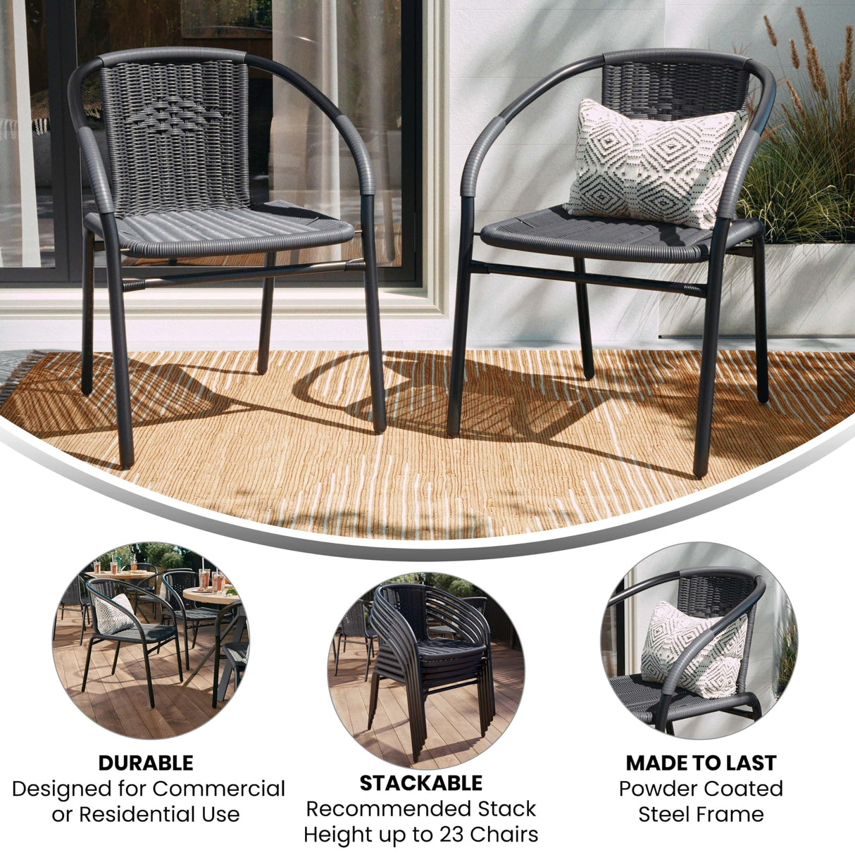 EMMA + OLIVER 2 Pack Gray Rattan Indoor-Outdoor Restaurant Stack Chair with Curved Back EMMA + OLIVER
