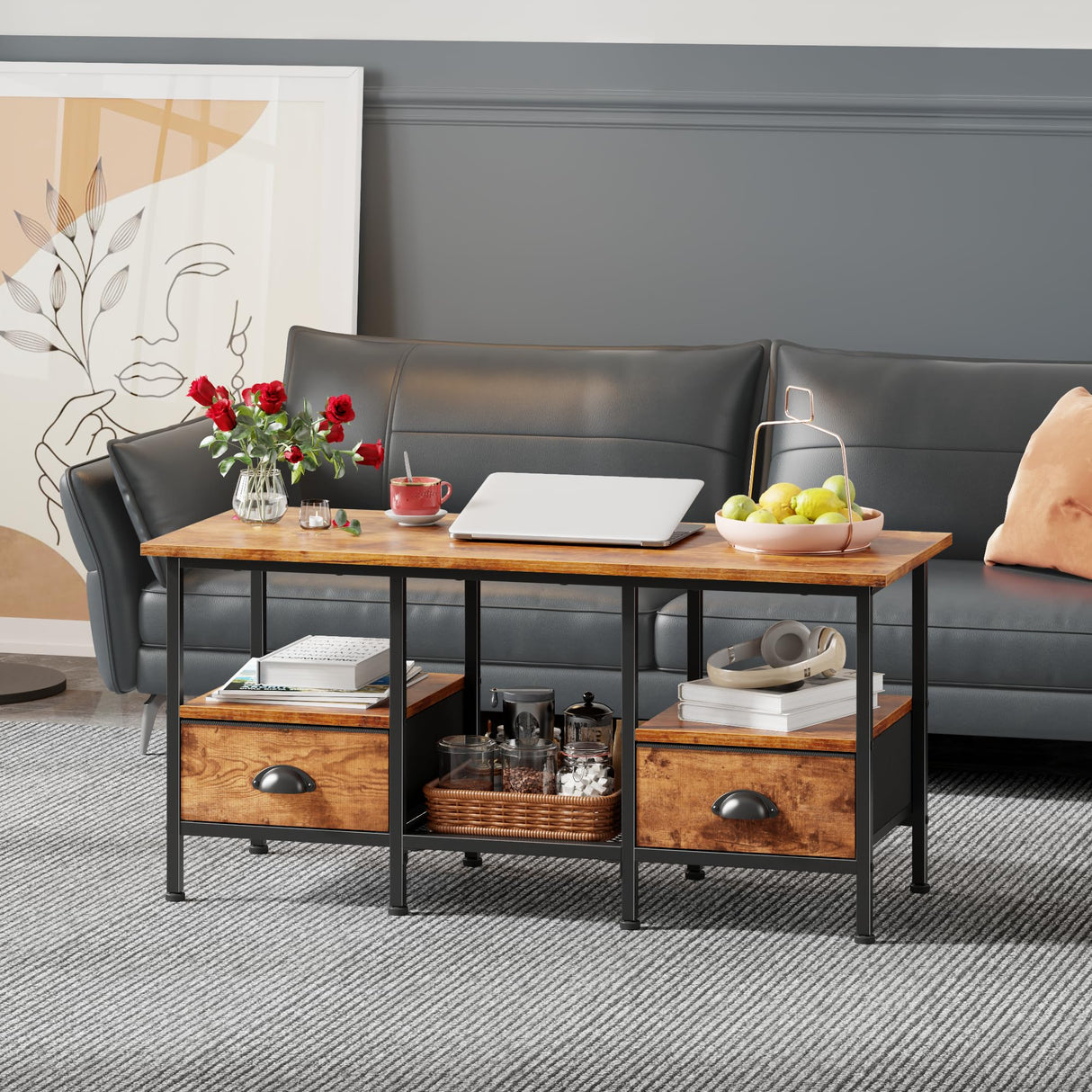 Furologee 35" Coffee Table with 2 Storage Drawers, Small Coffee Tables for Living Room, Industrial Center Table with 2 Tier Storage Shelf, Rustic Brown Furologee