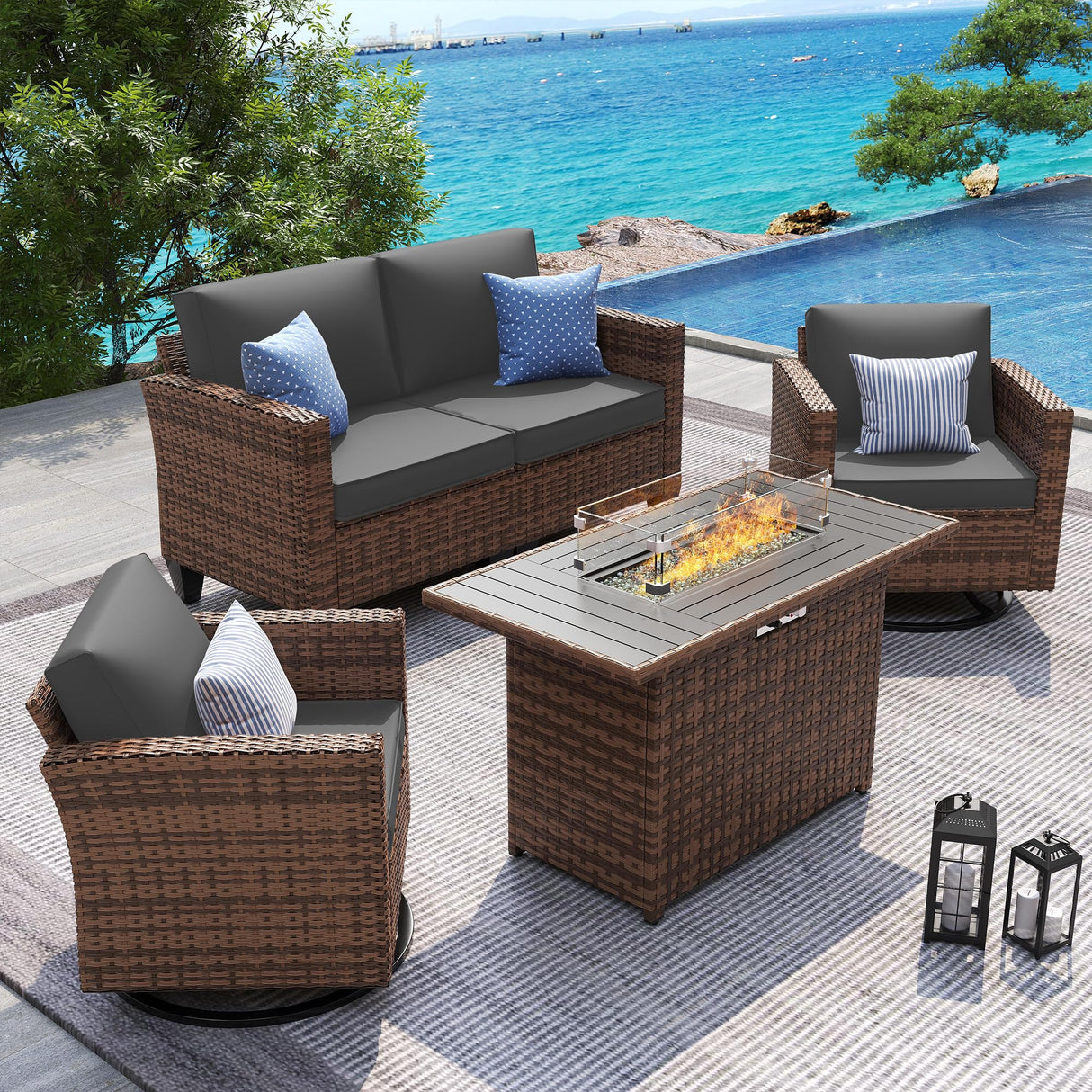UDPATIO 5 Pieces Patio Furniture Set with Fire Pit Table, Outdoor Furniture Set with Rocking Swivel Chairs, Wicker Patio Set with Waterproof Cover, 4'' Thickened Cushion, Grey UDPATIO