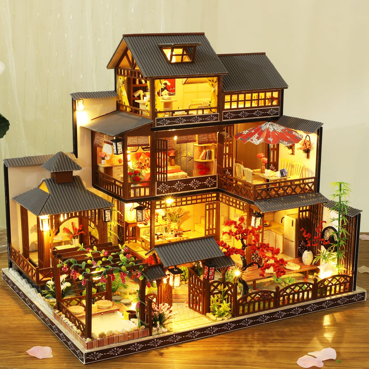 Miniature Dollhouse DIY Set with Decoration Furniture and LED Lights, 1:24 Scale DIY Wooden Dollhouse Kit with English Instructions, Birthday Gift or Party Favors (Japanese Courtyard Style) KOOMEKI