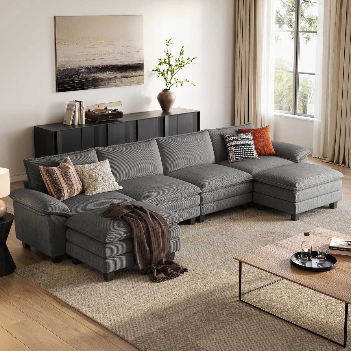 LINSY HOME 157'' Modular Sectional Sofa Grey Couch Corduroy Cloud Couches for Living Room, U Shaped Couch with Movable Ottoman, Modern Cloud Sectional Sofas for Bedroom and Apartment, Grey LINSY HOME