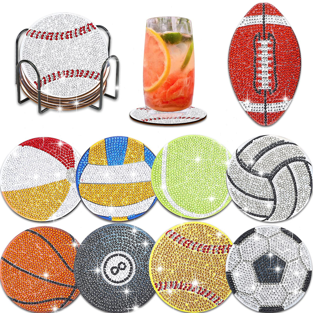 YLOLUL 10 Pcs Balls Shaped Diamond Painting Coasters Kits DIY Soccer Ball Football Diamond Painting Coasters with Holder for Beginners Adults and Kids Art Craft Supplies Gift YLOLUL