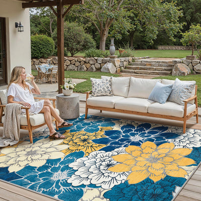 GENIMO Indoor Outdoor Area Rug 8' X 10' Waterproof, Washable Patio Rug Non Shedding, Easy Cleaning Floral Outdoor Carpet for Living Room, Bedroom, Dining Room, Balcony, Backyard, Deck, RV, Blue