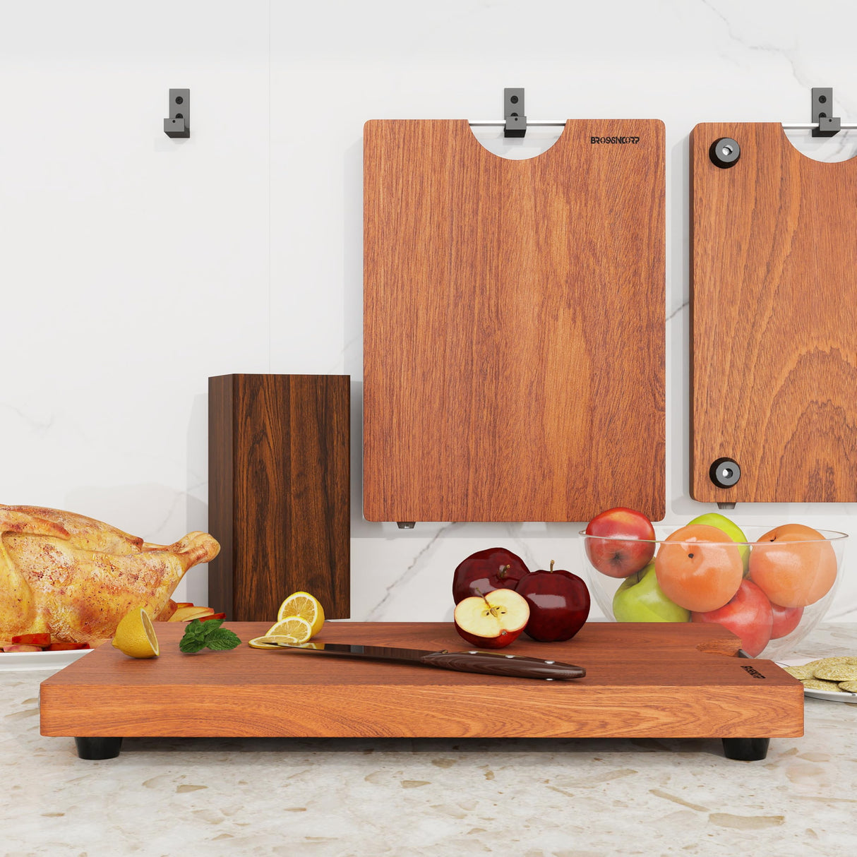 Brosisincorp Solid Sapele Wood Cutting Board - Medium 14.96" x 11.02" x 0.98" Thick, Non-Toxic, Heavy-Duty Butcher Block with Rubber Feet for Kitchen Brosisincorp
