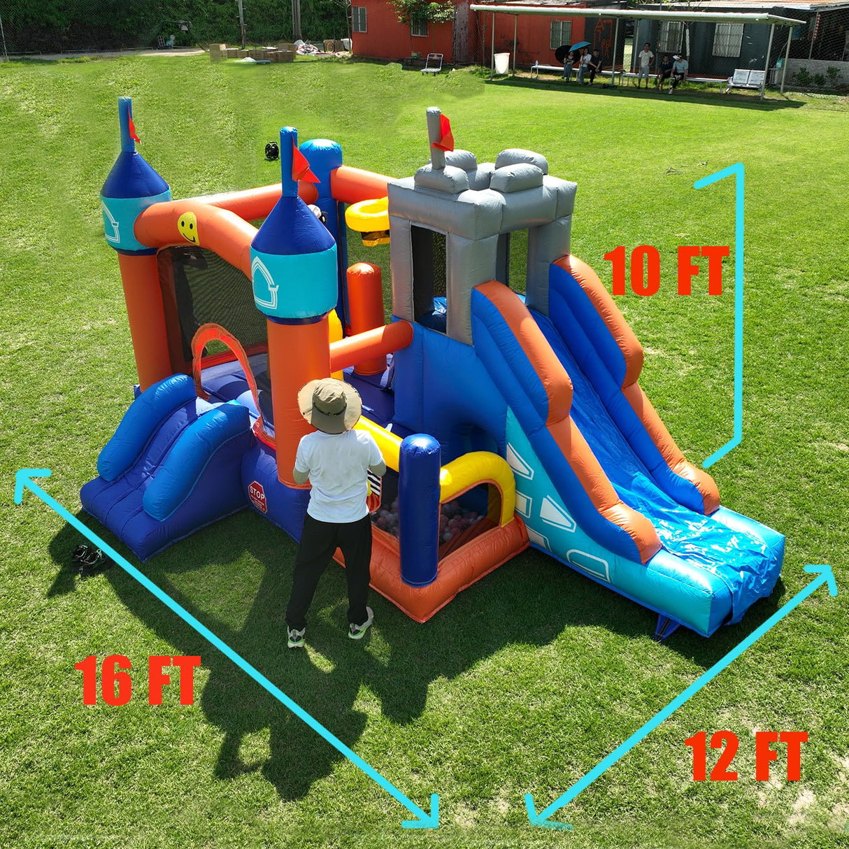16FT Commercial Bounce House for Kids 5-12 Large with 1100W Blower,100% PVC Kids Inflatable Bounce House with 2 Slides, Ball Pit, Large Jumping Area Obstacle Course Bounce House 16x12x10ft Inflantteble