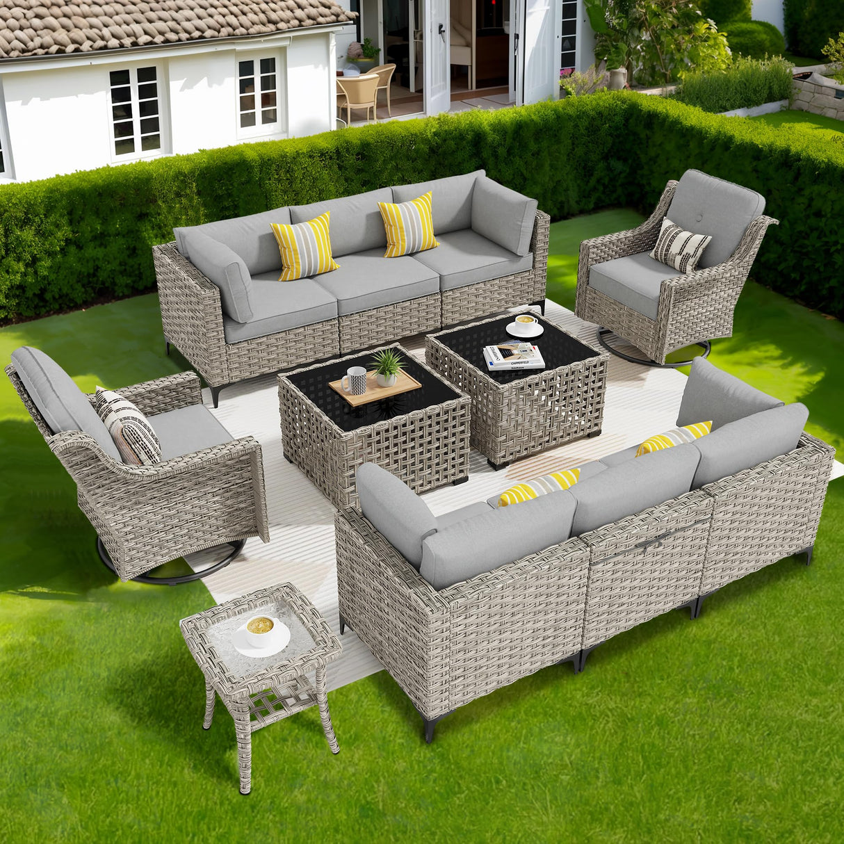 CAODOC 11 Pieces Outdoor Patio Furniture Set, Rattan Wicker Sectional Swivel Rocker Chairs Sets with Solar powered coffee table and Swivel Glider Chairs CAODOC