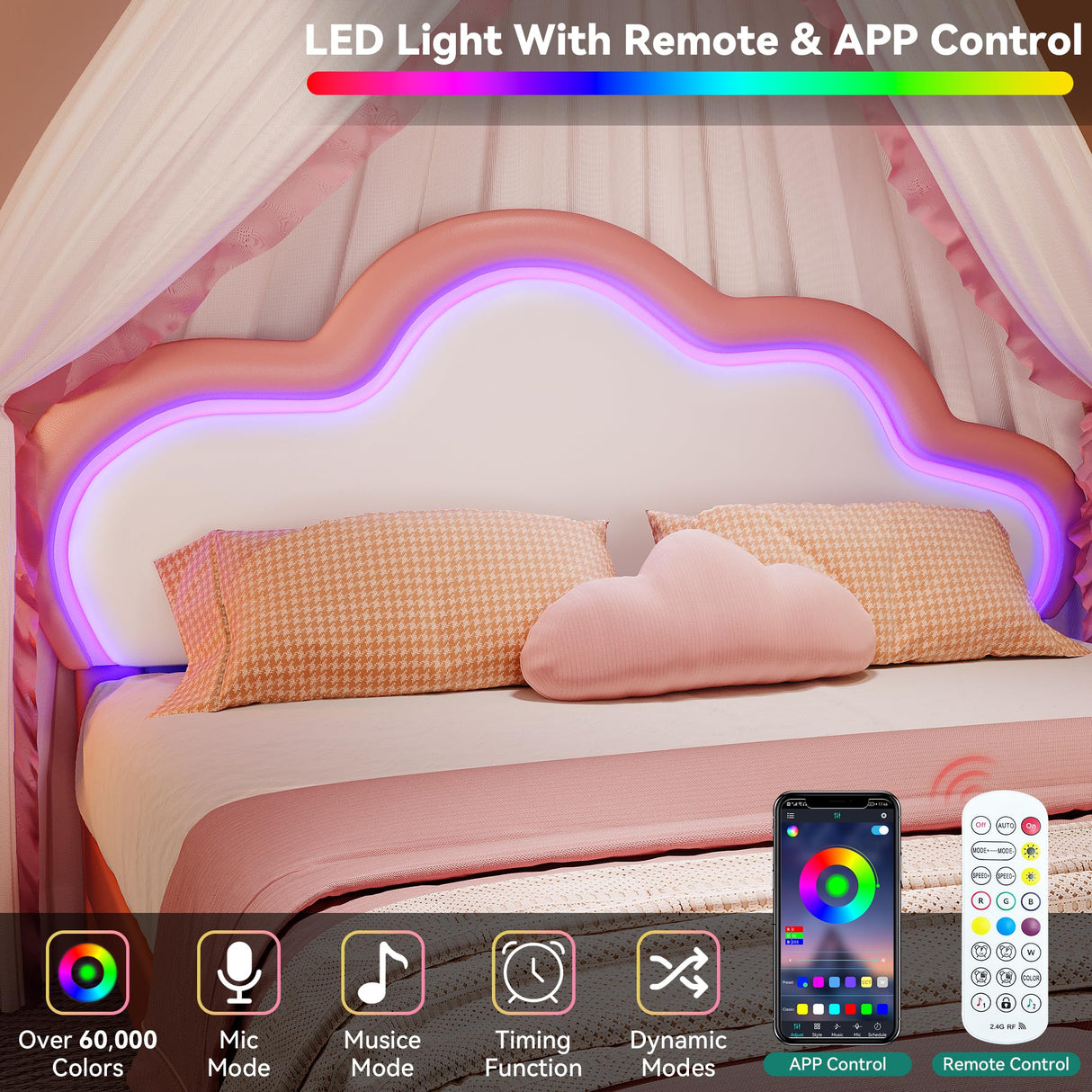 DWVO Pink Full Bed Frame with LED Light, Upholstered Bed PU Leather Adjustable Headboard, LED Platform Bed Wooden Slat Support, Easy Assembly, No Box Spring Required DWVO