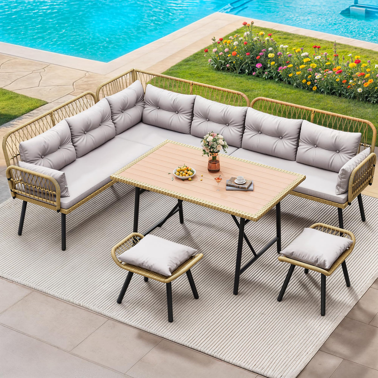 YITAHOME Patio Wicker L-Shaped Furniture Set, All-Weather Rattan Outdoor Conversation Sofa Set for Backyard Deck with Soft Cushions,Ottomans and Wood-Like Dining Table, Light Brown+Gray YITAHOME