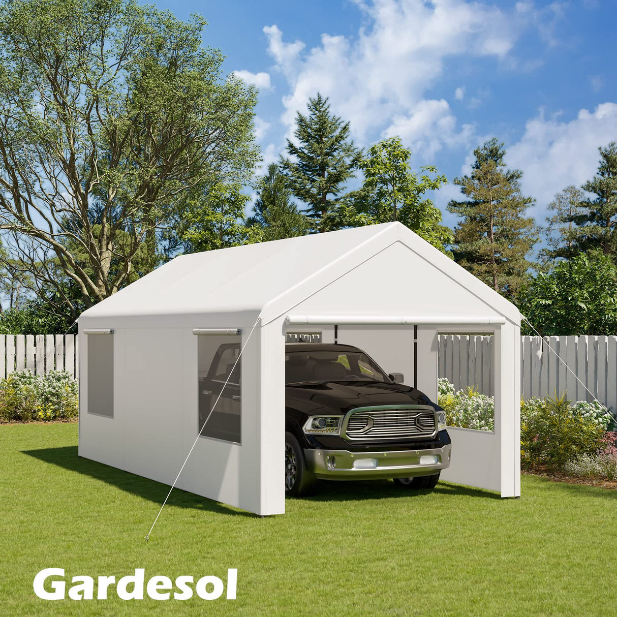 Gardesol Carport, 10' x 20' Heavy Duty Carport with Roll-up Ventilated Windows, Portable Garage with Removable Sidewalls & Doors for Car, Truck, Boat, Car Canopy with All-Season Tarp, White Gardesol