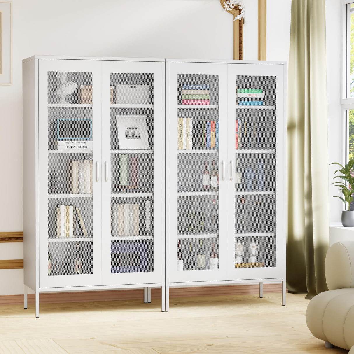 COFaR Metal Mesh Cabinet with 2 Mesh Doors and Adjustable Shelves, Versatile Storage for Kitchen, Laundry Room, Living Room, Office, Curio Display, (72" White) COFaR